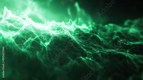 Abstract green glowing neural network pattern forming a complex web, representing concepts of technology, data flow, artificial intelligence, growth, and scientific processes
