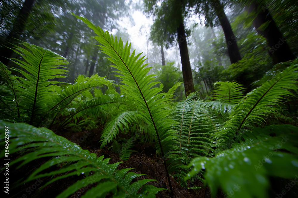 Fototapeta premium A captivating view of vibrant ferns glistening with raindrops in a misty forest, evoking peace and a sense of connection to nature's beauty and lush surroundings.