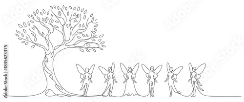line drawing fairies standing under tree with leaves