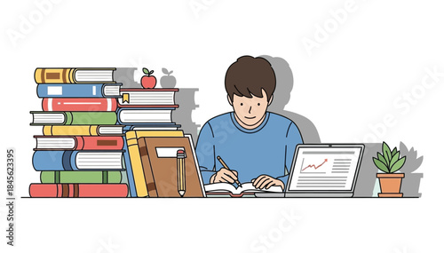 Student diligently studying amidst a pile of textbooks and modern learning tools, symbolizing academic dedication