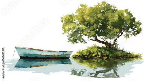 Tranquil Boat Painting on Pond with Tree in Background