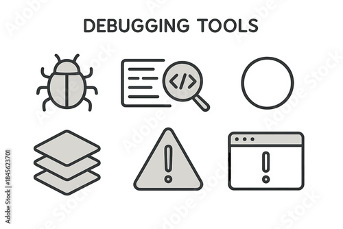 Debugging tools icon set with various symbols
