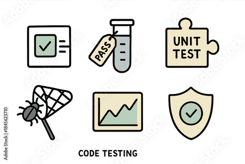 Code testing icons with checkmarks and graphs