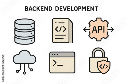 Backend development icons featuring cloud, api, and security visuals