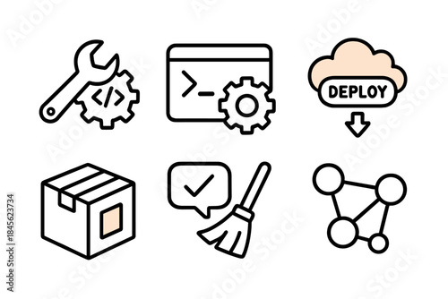 Development and deployment icons set featuring tools and cloud