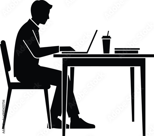 Black Silhouette of Professional Man Working on Laptop at Desk with Coffee and Books for Freelance Education and Office Design