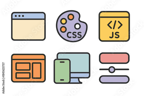Set of web development icons in pastel colors