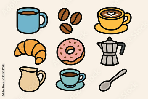 Coffee and breakfast icons set with cups and pastries in vector illustration