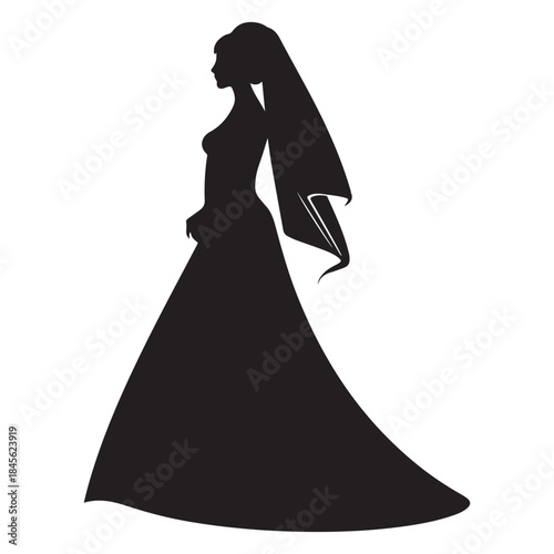  Elegant bride silhouette wearing a long flowing wedding gown and veil silhouette