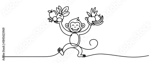 Monkey holding fruit and leaves in both hands standing on ground