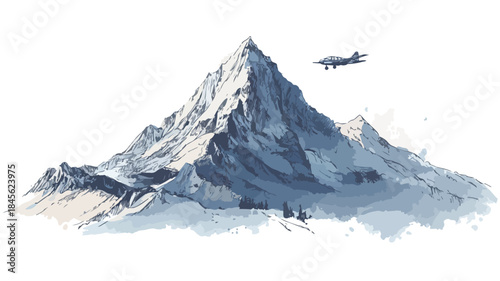 Scenic Mountain Painting with Airplane in Background