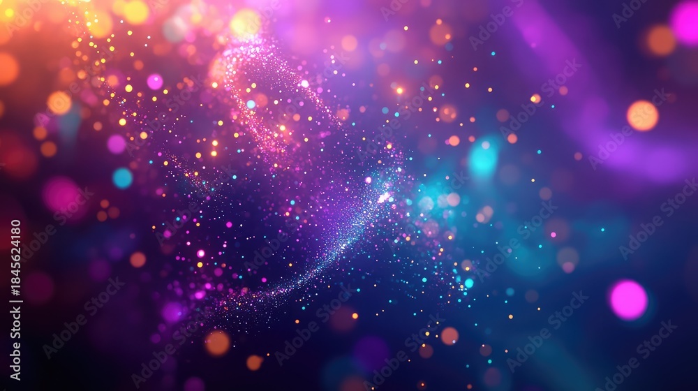 Obraz premium Abstract background displaying a dynamic swirl of colorful sparkling particles and soft bokeh lights creating a vibrant and energetic visual effect for various design projects