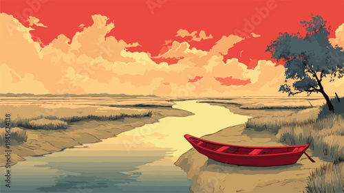 Scenic River Painting with Red Boat Vector Illustration