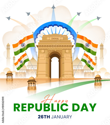 Republic Day of India Illustration with India Gate, Ashoka Chakra and Festive Tricolor Elements