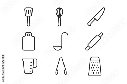 Set of kitchen utensils icons on a dark background