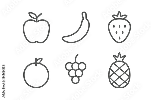 Minimalist fruit icon set with apple, banana, and strawberry