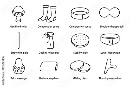 Fitness ball gliding tool roller recovery icon pressure vector discs socks cooling