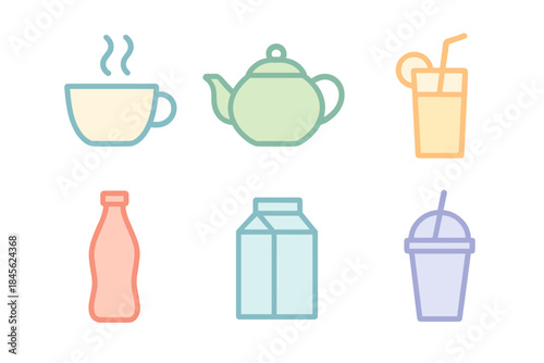 Colorful neon drink icons with tea, juice, milk, and soda symbols