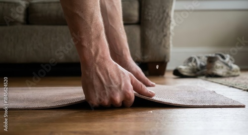 Man Preparing for Home Workout by Unrolling Yoga Mat on Wooden Floor.