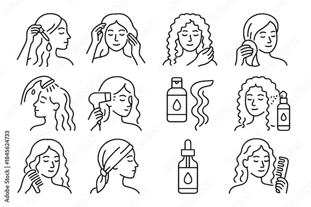 Obraz premium Icon haircare healthy protective soft night stimulation comb towel scarf vector squeeze