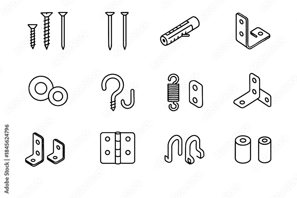 Fototapeta premium Hooks screws icon hinge assorted spacers hardware clips vector brackets plugs grid