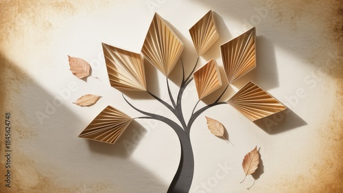 Abstract Tree Sculpture with Geometric Leaves on Textured Background.