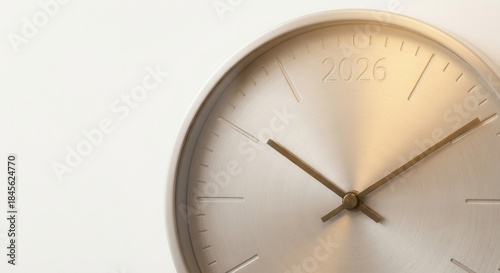 Modern Minimalist Gold Wall Clock on White Background with Copy Space.