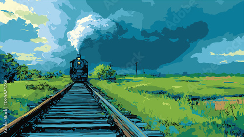Scenic Painting of Train Traveling Through Lush Green Landscape
