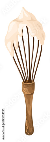 Illustration of a Whisk with Creamy Topping. Cozy baking supply. Vector.