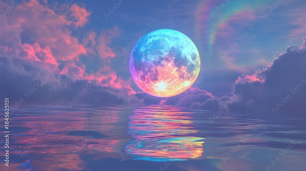 Obraz premium Colorful moon radiating bright light, reflecting its spectrum across the calm ocean surface, surrounded by soft, pastel hued clouds creating a surreal and dreamy fantasy landscape