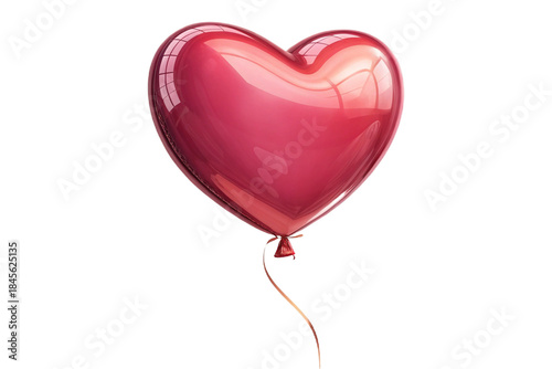 Isolated image of a large, full, heart-shaped foil balloon with a reflective surface and a curved string