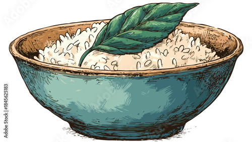 Japanese Rice Bowl with Decorative Leaf - Vector Illustration