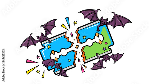Broken Sharpener with Bats and Colorful Elements Illustration