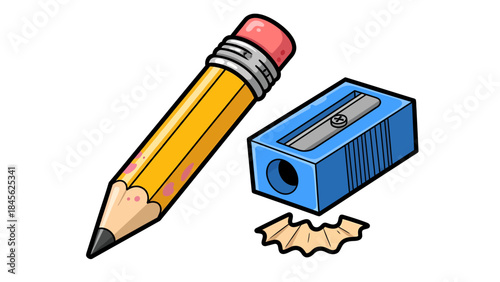 Pencil and Sharpener with Shavings Illustration