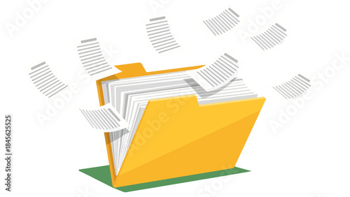 Open Folder with Flying Documents Illustration – File Management and Data Organization Concept
