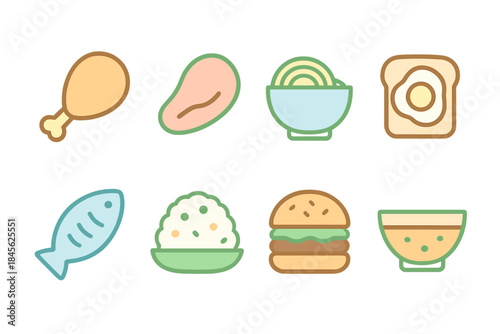 Glowing food icons set with chicken, noodles, and fried egg elements