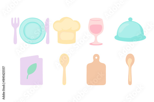 Glowing neon kitchen and dining icons set