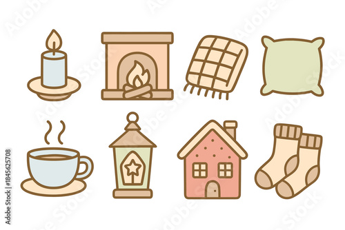 Cozy home icons featuring candle, fireplace, blanket, and more