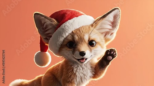 Cute animated Fennec fox wearing a festive Santa hat, smiling and waving hello on a warm background, ideal for holiday greetings, children's content, and Christmas promotions.