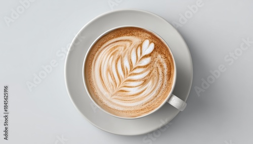Top View Of A Cappuccino Cup On A White Background. A Shot Of Cappuccino From Above In A White Setting.