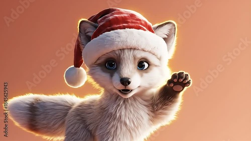 Cute animated arctic fox character wearing a festive Santa hat, cheerfully waving hello on a warm glowing background, ideal for holiday greetings and children's Christmas content.