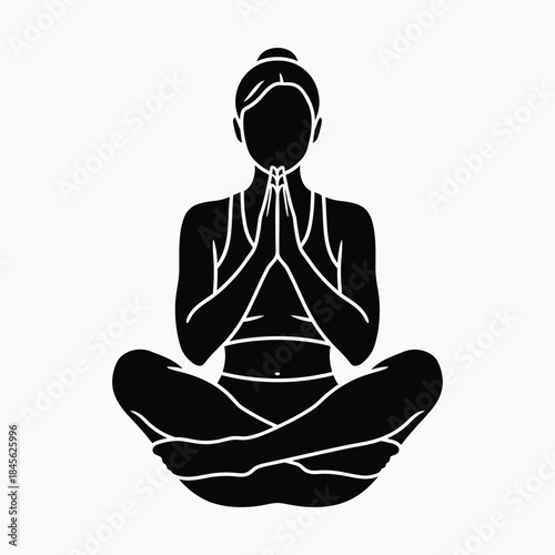 Black silhouette of woman meditating in lotus pose with hands pressed together yoga meditation