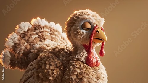 Animated fluffy turkey character with a yellow beak and red wattle, set against a warm brown background, looking thoughtful or serene, perfect for holiday celebrations, Thanksgiving themes video.