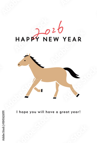 2026年午年の年賀状テンプレート　馬　イラスト　うま年　シンプル　デザイン　年賀　かわいい　はがき