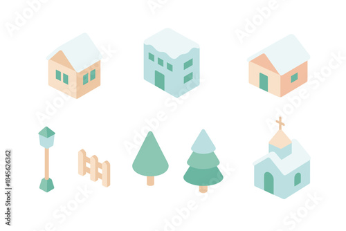 Isometric winter village elements including houses, trees, and church