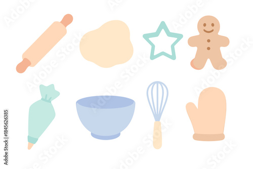 Baking tools and cookie illustrations set including shapes and utensils