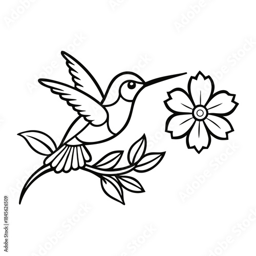 A delicate hummingbird hovers among blooming flowers, capturing nature’s charm in intricate lines, perfect for coloring and bringing this lively scene to life.
