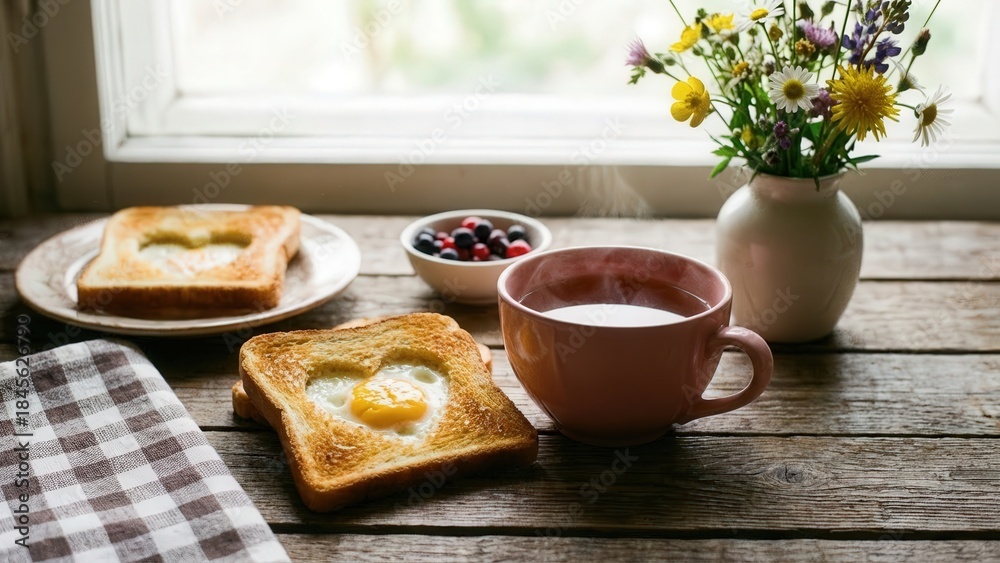Obraz premium Heart-shaped toast with egg sits beside a pink cup of milk and a bowl of fresh berries on a rustic wooden table, complemented by a vase of wildflowers, evoking a warm and inviting breakfast setting