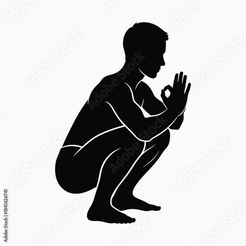 Black silhouette of a man in a deep squat with hands in prayer gesture white