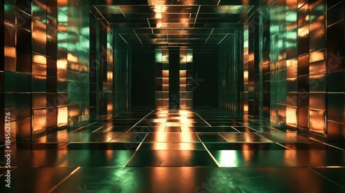 Fototapeta Naklejka Na Ścianę i Meble -  Abstract futuristic corridor featuring illuminated rectangular panels and geometric patterns on textured surfaces, creating a deep perspective and a sense of technology and mystery